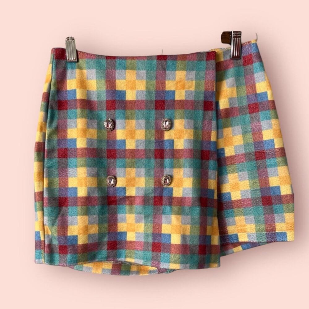 Cider BRIGHT PLAID MINI SKIRT Medium Skort High Waisted